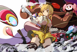 Rule 34 | 10s, 1girl, :o, beret, blonde hair, blue door, breasts, brown thighhighs, charlotte (madoka magica), confused, corset, detached sleeves, drill hair, dual wielding, fingerless gloves, gloves, gun, hair ornament, hairpin, hat, highres, holding, large breasts, magical girl, magical musket, mahou shoujo madoka magica, mahou shoujo madoka magica (anime), open mouth, pleated skirt, puffy sleeves, pyotr (madoka magica), ribbon, rifle, rock, shirt, skindentation, skirt, smoke, smoking barrel, striped clothes, striped thighhighs, surprised, taut clothes, taut shirt, thighhighs, tomoe mami, twin drills, twintails, vertical-striped clothes, vertical-striped thighhighs, weapon, yellow eyes, zettai ryouiki