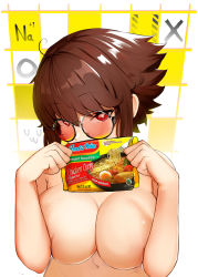 Rule 34 | 1girl, blush, breasts, brown hair, covering breasts, covering privates, food, glasses, highres, holding, holding food, large breasts, liz (nin fake), looking at viewer, nin fake, original, pack noodles, red eyes, round eyewear, short hair, solo, topless, upper body
