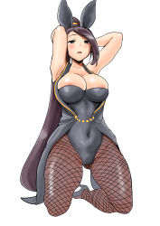 Rule 34 | 1girl, absurdres, animal ears, areola slip, armpits, arms behind head, arms up, black eyes, breasts, cleavage, covered navel, dragon quest, dragon quest xi, fake animal ears, fishnet pantyhose, fishnets, high heels, highres, kurosu gatari, large breasts, leotard, long hair, martina (dq11), pantyhose, playboy bunny, ponytail, purple hair, rabbit ears, simple background, solo, very long hair, white background