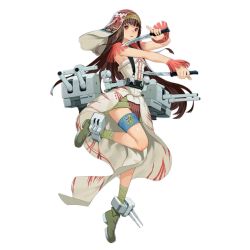Rule 34 | algerie (victory belles), blunt bangs, brown hair, cannon, dagger, dual wielding, full body, holding, knife, long hair, looking at viewer, machinery, official art, red eyes, salmon88, simple background, solo, thigh strap, turret, very long hair, victory belles, waist cape, weapon, white background