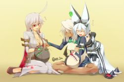 Rule 34 | 3girls, ahoge, animal ears, ankh, arc system works, biting, blush, bodysuit, boots, bracelet, breasts, candy, cleavage, closed eyes, clover, collar, cross, cross necklace, dark-skinned female, dark skin, dress, elphelt valentine, fingerless gloves, food, four-leaf clover, gloves, guilty gear, guilty gear xrd, guilty gear xrd: revelator, indian style, jack-o&#039; valentine, jewelry, large breasts, leggings, lollipop, long hair, lucifero (guilty gear), multicolored hair, multiple girls, necklace, open mouth, platinum blonde hair, rabbit ears, ramlethal valentine, re 2n, red eyes, red hair, school uniform, shiny clothes, shiny skin, shoes, short hair, simple background, sitting, smile, spiked bracelet, spiked collar, spikes, text focus, thigh boots, thighhighs, tongue, tongue out, translation request, wariza, white hair, yellow background