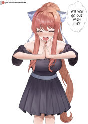 Rule 34 | 1girl, ^ ^, absurdres, bare shoulders, black shirt, black skirt, bow, breasts, brown hair, closed eyes, commentary, confession, doki doki literature club, facing viewer, feet out of frame, hair bow, highres, long hair, medium breasts, miniskirt, monika (doki doki literature club), off-shoulder shirt, off shoulder, open mouth, own hands together, pleated skirt, ponytail, shirt, short sleeves, simple background, skirt, solo, standing, very long hair, white background, white bow, yami (rear4742)