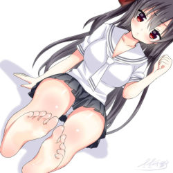 Rule 34 | 1girl, bad perspective, barefoot, black hair, bow, character request, dutch angle, feet, foot focus, foreshortening, hair bow, long hair, looking at viewer, red eyes, saki chisuzu, school uniform, signature, sitting, skirt, soles, solo, sweat, toes