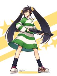 Rule 34 | 1girl, animal print, black hair, commentary, dress, full body, gojarun, gun, hair ornament, hair scrunchie, highres, idolmaster, idolmaster cinderella girls, leopard print, long hair, long sleeves, looking at viewer, matoba risa, pump action, scrunchie, shotgun, smile, solo, standing, star (symbol), starry background, striped clothes, striped dress, twintails, twitter username, two-tone background, very long hair, weapon, white background, yellow background, yellow eyes