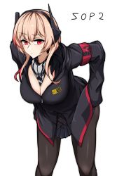 Rule 34 | 1girl, absurdres, black jacket, black pantyhose, black scarf, black skirt, blonde hair, breasts, character name, cleavage, closed mouth, expressionless, feet out of frame, girls&#039; frontline, hands on own hips, headset, highres, hood, hooded jacket, jacket, leaning forward, long hair, looking at viewer, m4 sopmod ii (girls&#039; frontline), medium breasts, mosa331, multicolored hair, pantyhose, red eyes, scarf, skirt, solo, standing, white background