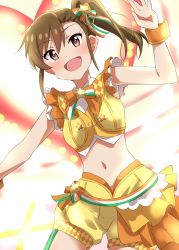 Rule 34 | 1girl, :d, bow, brown eyes, brown hair, cowboy shot, crop top, dars (recolors), floating hair, futami mami, hair between eyes, hair bow, hair ornament, idolmaster, idolmaster (classic), idolmaster million live!, idolmaster million live! theater days, long hair, midriff, navel, open mouth, outstretched arm, short shorts, shorts, side ponytail, sleeveless, smile, solo, standing, star (symbol), star hair ornament, stomach, striped, striped bow, wristband, yellow shorts