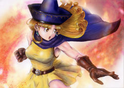 Rule 34 | 1girl, alena (dq4), bad id, bad pixiv id, breasts, brown eyes, cape, clenched hand, curly hair, dragon quest, dragon quest iv, dress, earrings, fighting stance, gloves, hat, highres, jewelry, large breasts, long hair, open mouth, orange hair, short dress, solo, tayutoi