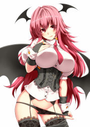 Rule 34 | 1girl, :p, bat wings, black panties, blush, breasts, bridal gauntlets, contrapposto, corset, dress shirt, fingerless gloves, garter straps, gloves, groin, head wings, highres, koakuma, lace, large breasts, long hair, low wings, lowleg, lowleg panties, necktie, no pants, panties, panty pull, red eyes, red hair, red necktie, revision, shirt, short sleeves, simple background, solo, standing, tongue, tongue out, touhou, tro, underbust, underwear, very long hair, white background, white shirt, wings, wrist cuffs