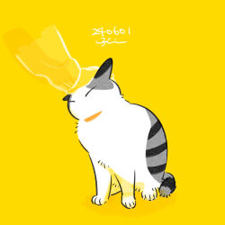 Rule 34 | animal, animal focus, cat, closed eyes, full body, headpat, highres, lemonponpuripuri, no mouth, original, out of frame, simple background, sitting, yellow background