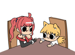 Rule 34 | 2girls, :3, afei (sfma3248), ahoge, animal ears, azur lane, bare shoulders, blonde hair, cat ears, chair, chibi, commentary request, girls&#039; frontline, hair between eyes, hair ornament, idw (girls&#039; frontline), long hair, multiple girls, necktie, open mouth, red hair, red neckwear, san diego (azur lane), shirt, simple background, table, twintails, upper body, white background