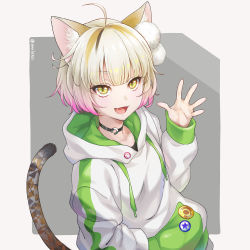 Rule 34 | 1girl, :d, ahoge, animal ears, blonde hair, buttons, cat ears, cat girl, cat tail, collar, hand up, highres, hood, hood down, hoodie, long sleeves, open mouth, original, simple background, smile, solo, tail, twitter username, yellow eyes, yukasummer