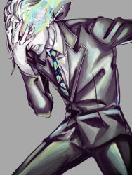Rule 34 | 10s, 1boy, blue eyes, blue fire, bow, clenched teeth, fire, formal, glowing, glowing eyes, green eyes, green fire, green flame, grey hair, hair bow, hair ornament, hairclip, hand on own face, haruhikohiko, lips, long hair, male focus, necktie, pale skin, ponytail, simple background, solo, suit, teeth, tiger &amp; bunny, yuri petrov