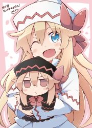 Rule 34 | &gt;:&lt;, 2girls, :&lt;, ;d, black dress, blonde hair, blue eyes, blush, blush stickers, bow, capelet, chibi, closed mouth, dress, dual persona, hair between eyes, hat, highres, holding, lily black, lily white, long hair, long sleeves, looking at viewer, multiple girls, no wings, one eye closed, open mouth, ribbon, simple background, smile, solid circle eyes, touhou, v-shaped eyebrows, white dress, wide sleeves, yutamaro