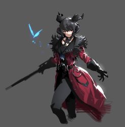 Rule 34 | 1girl, absurdres, animal, au ra, warrior of light (ff14), belt, black gloves, black hair, blue butterfly, bug, butterfly, closed mouth, coat, final fantasy, final fantasy xiv, fur-trimmed coat, fur trim, gloves, glowing, grey background, highres, holding, holding weapon, horns, insect, multiple horns, open clothes, open coat, red coat, red eyes, shisantian, short hair, silhouette, simple background, sketch, weapon