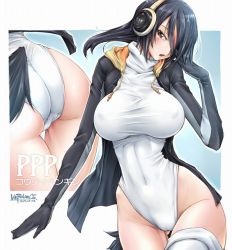 Rule 34 | 10s, 1girl, 2017, artist name, ass, black hair, breasts, brown eyes, character name, covered erect nipples, covered navel, cowboy shot, dated, emperor penguin (kemono friends), gluteal fold, group name, hair over one eye, headphones, highres, hood, hoodie, kemono friends, large breasts, leotard, looking at viewer, multicolored hair, multiple views, signature, thigh gap, thighhighs, unbalance, white leotard, white thighhighs
