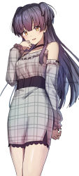 Rule 34 | 1girl, absurdres, black choker, black hair, blush, breasts, checkered clothes, checkered dress, choker, commentary, cowboy shot, detached sleeves, dress, frilled dress, frills, gradient dress, grey dress, highres, idolmaster, idolmaster shiny colors, kneeichigo, legs together, long hair, looking at viewer, looking down, mayuzumi fuyuko, medium breasts, open mouth, short dress, simple background, smile, solo, strapless, strapless dress, two side up, very long hair, white background, yellow eyes