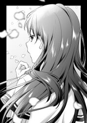 Rule 34 | 1girl, black border, border, closed mouth, floating hair, from behind, grey background, greyscale, hand up, highres, ice cream kanojo, kawai miruku, kuune rin, long hair, looking at viewer, looking back, monochrome, petals, school uniform, shirt, short sleeves, simple background, solo, upper body