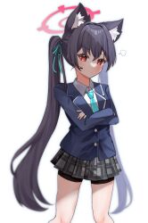 Rule 34 | 1girl, animal ear fluff, animal ears, aqua necktie, aqua ribbon, bike shorts, black hair, blazer, blue archive, blue jacket, botan sui, closed mouth, collared shirt, commentary, crossed arms, grey skirt, hair ribbon, halo, headset, highres, jacket, long hair, long sleeves, looking at viewer, necktie, plaid, plaid skirt, pleated skirt, red eyes, red halo, ribbon, school uniform, serika (blue archive), shirt, simple background, skirt, standing, twintails, very long hair, white background, white shirt
