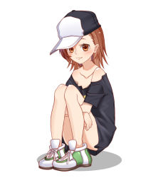 Rule 34 | 1girl, :3, absurdres, bare legs, black shirt, blush, bottomless, brown eyes, brown hair, clothes pull, commentary request, cosplay, full body, hat, highres, knees up, last order (toaru majutsu no index), hugging own legs, looking at viewer, misaka mikoto, misaka mikoto (cosplay), off shoulder, oversized clothes, oversized shirt, shirt, shirt pull, shoes, short hair, simple background, sitting, smile, sneakers, solo, toaru kagaku no railgun s, toaru majutsu no index, white background