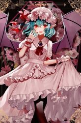 Rule 34 | 1girl, :d, arm up, ascot, bat wings, black legwear, blue hair, bow, breasts, commentary, dress, dress bow, fang, floral background, flower, frilled dress, frilled shirt collar, frills, hat, hat ribbon, light blue hair, looking at viewer, mob cap, nail polish, open mouth, pink dress, pointy ears, puffy short sleeves, puffy sleeves, red ascot, red bow, red eyes, red nails, red ribbon, remilia scarlet, ribbon, rose, sakizaki saki-p, short hair, short sleeves, skin fang, skirt hold, small breasts, smile, solo, touhou, upper body, vampire, wings, wrist cuffs