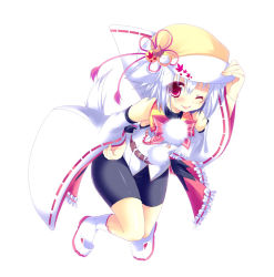 Rule 34 | 1girl, animal ears, bare shoulders, bike shorts, bow, detached sleeves, hat, hikanyan, inubashiri momiji, long sleeves, one eye closed, pink eyes, shirt, silver hair, simple background, smile, solo, tail, tongue, tongue out, touhou, white legwear, wide sleeves, wink, wolf ears, wolf tail