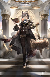 Rule 34 | 1girl, absurdres, animal ears, ankle boots, arknights, armored boots, ascot, az&#039;ruler, balance scale, black coat, black jacket, black nails, book, boots, coat, extra ears, gauntlets, grey hair, highres, holding, holding book, jacket, long braid, long hair, mole above eye, mole on forehead, open book, open clothes, open coat, penance (arknights), single gauntlet, solo, tail, thighhighs, weighing scale, white ascot, wolf ears, wolf girl, wolf tail, yellow eyes