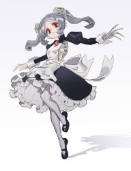 Rule 34 | 1girl, apron, black dress, bloody marie (skullgirls), brooch, dress, frown, full body, grey hair, hair ornament, highres, jewelry, looking down, maid, maid headdress, pantyhose, red eyes, ribbon, skeletal arm, skeleton, skull hair ornament, skullgirls, solo, symbol-shaped pupils, tanakalma, white background