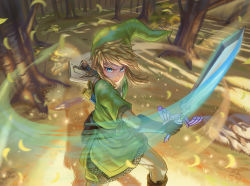 Rule 34 | 1boy, blonde hair, blue eyes, boots, commentary request, from above, green hat, green shirt, hat, highres, holding, holding shield, holding sword, holding weapon, hooh lin, link, long hair, looking at viewer, male focus, master sword, nintendo, pointy ears, shield, shirt, solo, sword, the legend of zelda, tree, v-shaped eyebrows, weapon