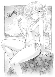 Rule 34 | 1girl, arm support, bare arms, bare shoulders, beach, bikini, blush, breasts, closed mouth, cloud, crab, cumulonimbus cloud, curvy, feet out of frame, flipped hair, greyscale, halterneck, hand up, highres, index finger raised, looking at viewer, mogudan, monochrome, mountainous horizon, navel, one-punch man, outdoors, outside border, palm tree, rock, short hair, side-tie bikini bottom, sitting, small breasts, smile, solo, split mouth, stomach, swimsuit, tatsumaki, telekinesis, thighs, thong, thong bikini, tree, wide hips