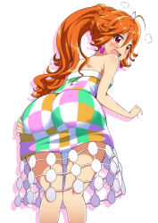 Rule 34 | 1girl, alternate hairstyle, angry, antenna hair, ass, blush, dress, earrings, from behind, highres, huge ass, jewelry, long hair, looking at viewer, nectar (fujiya), open mouth, orange hair, ponytail, red eyes, simple background, solo, strapless, strapless dress, tokyo 7th sisters, usuta sumire, wavy mouth, wide hips