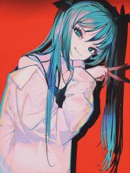 Rule 34 | 1girl, aqua eyes, aqua hair, bare shoulders, black camisole, black ribbon, breasts, camisole, cleavage, commentary, hair between eyes, hair ribbon, hatsune miku, highres, john kafka, long hair, long sleeves, looking at viewer, off shoulder, red background, ribbon, shirt, small breasts, solo, spaghetti strap, upper body, v, vocaloid, white shirt