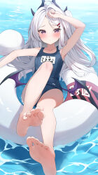 Rule 34 | 1girl, absurdres, ahoge, armpits, bare arms, bare legs, bare shoulders, barefoot, black horns, black one-piece swimsuit, blue archive, blush, closed mouth, collarbone, demon horns, demon wings, foot focus, full body, grey hair, highres, hina (blue archive), hina (swimsuit) (blue archive), horns, innertube, long hair, looking at viewer, multiple horns, name tag, official alternate costume, one-piece swimsuit, purple eyes, purple wings, rei (ilust9999), school swimsuit, soles, solo, swim ring, swimsuit, toes, water, wings