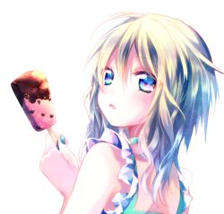 Rule 34 | 1girl, blonde hair, blue eyes, blue hair, food, gradient hair, ice cream, looking back, matching hair/eyes, multicolored hair, nail polish, original, popsicle stick, riichu, short hair, simple background, solo, white background