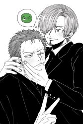 Rule 34 | 2boys, blush, couple, enahr 1111, facial hair, goatee, greyscale, hand on another&#039;s cheek, hand on another&#039;s face, male focus, marimo zoro, monochrome, multiple boys, muscular, muscular male, one piece, roronoa zoro, sanji (one piece), short hair, spot color, thought bubble, upper body, v, yaoi