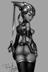 Rule 34 | 1girl, ass, braid, breasts, dated, from behind, greyscale, highres, lips, looking at viewer, looking back, mechanical parts, monochrome, nipples, original, rocky young, sideboob, signature, solo, thighhighs, wire
