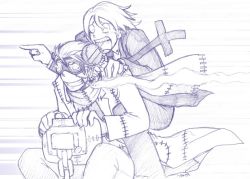 Rule 34 | 00s, 2boys, carrying, chair, cigarette, emphasis lines, franken stein (soul eater), male focus, multiple boys, non-web source, piggyback, riding, scar, scared, scarf, sitting, smoking, soul eater, speed lines, spirit albarn, stitches