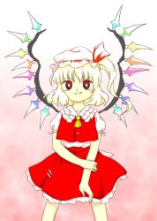Rule 34 | 1girl, blonde hair, flandre scarlet, hat, highres, nonamejd, official style, parody, red eyes, red ribbon, red skirt, ribbon, short hair, short sleeves, simple background, skirt, smile, solo, style parody, touhou, wings, yellow ribbon, zun (style)
