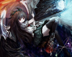Rule 34 | 1girl, arm cannon, asymmetrical footwear, atom, bird wings, black thighhighs, black wings, blouse, bow, bright pupils, brown hair, buttons, cape, center frills, control rod, expressionless, frilled skirt, frills, green bow, green skirt, hair bow, highres, long hair, middle finger, mismatched footwear, open mouth, puffy short sleeves, puffy sleeves, red eyes, reiuji utsuho, reverinth, shirt, shoes, short sleeves, single shoe, skirt, solo, thighhighs, third eye, third eye on chest, touhou, weapon, white cape, white pupils, white shirt, wings