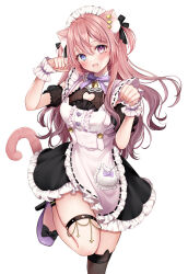 Rule 34 | 1girl, :d, animal ears, apron, bell, black dress, blue eyes, breasts, cat ears, cat tail, dress, frilled dress, frills, heterochromia, high heels, highres, long hair, looking at viewer, maid, maid apron, maid headdress, medium breasts, neck bell, open mouth, original, paw pose, pink hair, purple eyes, smile, solo, tail, yugirlpict