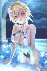 Rule 34 | 1girl, absurdres, bare shoulders, black one-piece swimsuit, blonde hair, breasts, cleavage, clothing cutout, collarbone, commentary request, eyelashes, flower, genshin impact, groin, hair between eyes, hair flower, hair ornament, highres, leaning forward, looking at viewer, lumine (genshin impact), navel, navel cutout, o-ring, o-ring swimsuit, one-piece swimsuit, open mouth, pool, pottsness, short hair with long locks, skindentation, solo, swimsuit, teeth, thigh gap, thighs, twitter username, two-tone swimsuit, upper teeth only, wading, water, wet, white flower, white one-piece swimsuit, yellow eyes