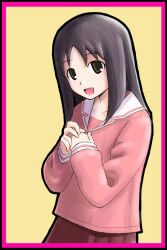 Rule 34 | 1girl, :d, azumanga daioh&#039;s school uniform, azumanga daiou, black outline, border, brown hair, collarbone, commentary, green eyes, kasuga ayumu, long sleeves, looking at viewer, looking to the side, mahe, medium hair, open mouth, outline, own hands together, pink border, pink serafuku, pink shirt, pink skirt, pleated skirt, sailor collar, school uniform, serafuku, shirt, simple background, skirt, smile, solo, standing, upper body, w arms, white sailor collar, winter uniform, yellow background