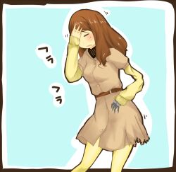 Rule 34 | 1girl, belt, blue background, breasts, brown belt, brown coat, brown hair, closed eyes, coat, commentary request, cyborg, feet out of frame, hand on own forehead, hand up, i.u.y, blue background, light blush, long hair, long sleeves, mechanical arms, medium breasts, mugino shizuri, mugino shizuri (cyborg), open mouth, short sleeves, single mechanical arm, solo, standing, sweatdrop, sweater, toaru majutsu no index, yellow sweater