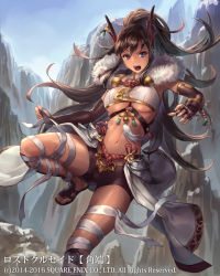 Rule 34 | 1girl, armor, bikini armor, black hair, blue eyes, breasts, copyright name, crop top, cuboon, large breasts, long hair, looking at viewer, lost crusade, midriff, navel, official art, open mouth, shorts, solo, square enix, underboob, very long hair