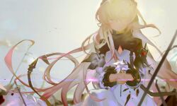 Rule 34 | 1girl, absurdres, arknights, blonde hair, dress, flower, highres, holding, holding flower, long hair, long sleeves, miermere, solo, theresa (arknights), very long hair, white dress, yellow eyes