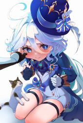 Rule 34 | 1girl, 1other, ahoge, ascot, black gloves, blue ascot, blue bow, blue brooch, blue eyes, blue hair, blue headwear, blue jacket, blush, bow, cat, cheek pull, closed mouth, furina (genshin impact), furrowed brow, fwha4853, genshin impact, gloves, hair between eyes, hat, heterochromia, highres, jacket, light blue hair, long hair, looking at viewer, multicolored hair, shorts, sidelocks, simple background, sitting, solo focus, streaked hair, top hat, two-tone hair, white background, white gloves, white shorts