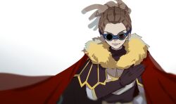 Rule 34 | 1boy, armor, black gloves, black shirt, breastplate, brown hair, cape, closed mouth, dreadlocks, elbow gloves, fur-trimmed cape, fur trim, furrowed brow, gloves, goggles, highres, inazuma eleven, inazuma eleven (series), kidou yuuto, long hair, male focus, ponytail, red cape, red eyes, round eyewear, shirt, shoulder pads, simple background, smile, solo, sweater, turtleneck, turtleneck sweater, unagi (nakaelric), upper body, white background