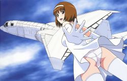 Rule 34 | 1girl, absurdres, agent aika, aika (series), aircraft, airplane, ass, attack aircraft, black delmo, blue sky, blush, breasts, brown eyes, brown hair, cloud, cloudy sky, crotch seam, day, dress, elbow gloves, gloves, headband, highres, looking at viewer, medium breasts, official art, open mouth, outstretched arm, panties, penetrator (aircraft), prototype design, reconnaissance aircraft, rika (agent aika), short hair, sky, solo, standing, tsr-2, underwear, white dress, white legwear, white panties, wind, wind lift, yamauchi noriyasu