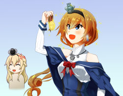 2girls absurdres anger_vein blonde_hair blue_capelet blue_eyes breasts capelet crown dress earrings flower hair_between_eyes half_up_braid highres holding_medal jewelry kantai_collection long_hair long_sleeves low-tied_long_hair medium_breasts mei_(heavensstyle) mini_crown multiple_girls necklace open_mouth red_flower red_rose rose sparkle valiant_(kancolle) warspite_(kancolle) white_dress