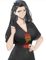 Rule 34 | 1girl, alios arvin, black eyes, black hair, black shirt, breasts, cleavage, collarbone, commentary request, covered navel, large breasts, long hair, looking at viewer, original, pointing, pointing at viewer, shirt, short sleeves, simple background, solo, t-shirt, long shirt, undercut, upper body, v-neck, white background