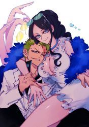 Rule 34 | 1boy, 1girl, bad id, bad twitter id, black hair, blue eyes, breasts, buttons, center opening, cleavage, closed mouth, dress, earrings, extra arms, eyewear on head, fingernails, formal, frilled dress, frills, gem, green eyes, green hair, half-closed eye, hana hana no mi, highres, holding, holding removed eyewear, jacket, jewelry, large breasts, leaning to the side, long hair, long sleeves, looking at viewer, necklace, nico robin, one eye closed, one piece, one piece film: gold, parted lips, pearl (gemstone), pearl necklace, roronoa zoro, scar, scar across eye, scar on face, short dress, short hair, sideburns, sidelocks, sitting, sitting on lap, sitting on person, smile, smirk, spread fingers, suit jacket, sunglasses, unworn eyewear, wl6yugi8go1
